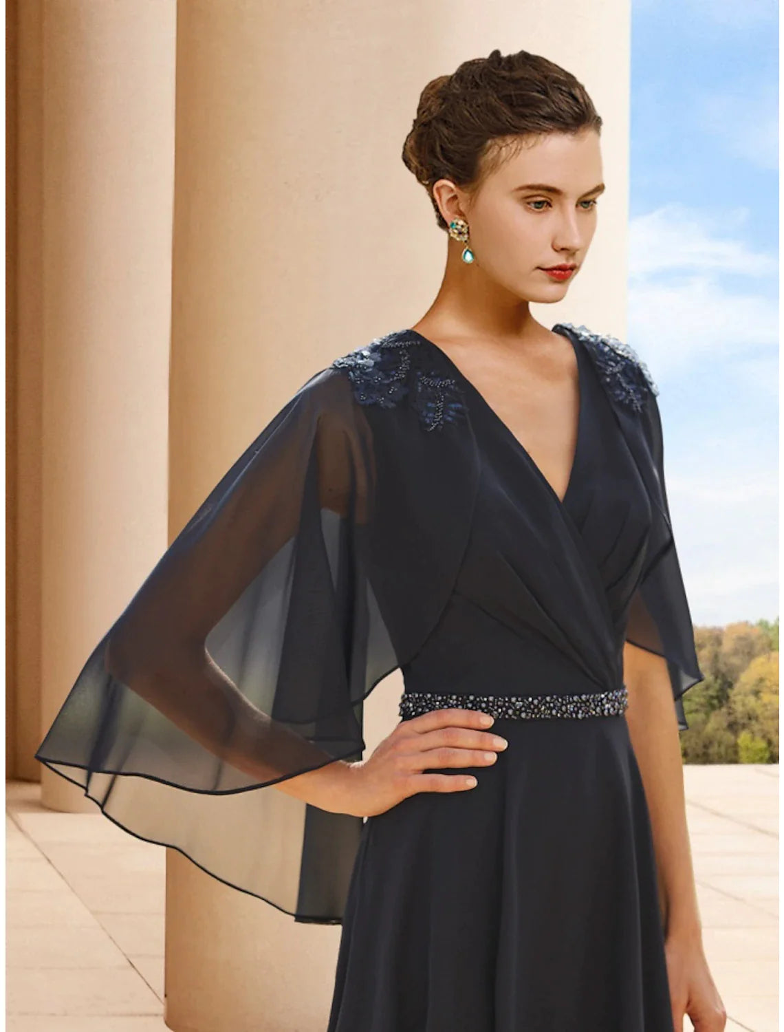 Wholesale A-Line Mother of the Bride Dress Wedding Guest Elegant Petite V Neck Tea Length Chiffon Half Sleeve with Sequin Ruching